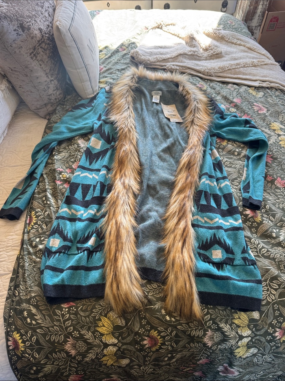 Tasha Polizzi Teal Aztec Faux-Fur Trim Open Cardigan